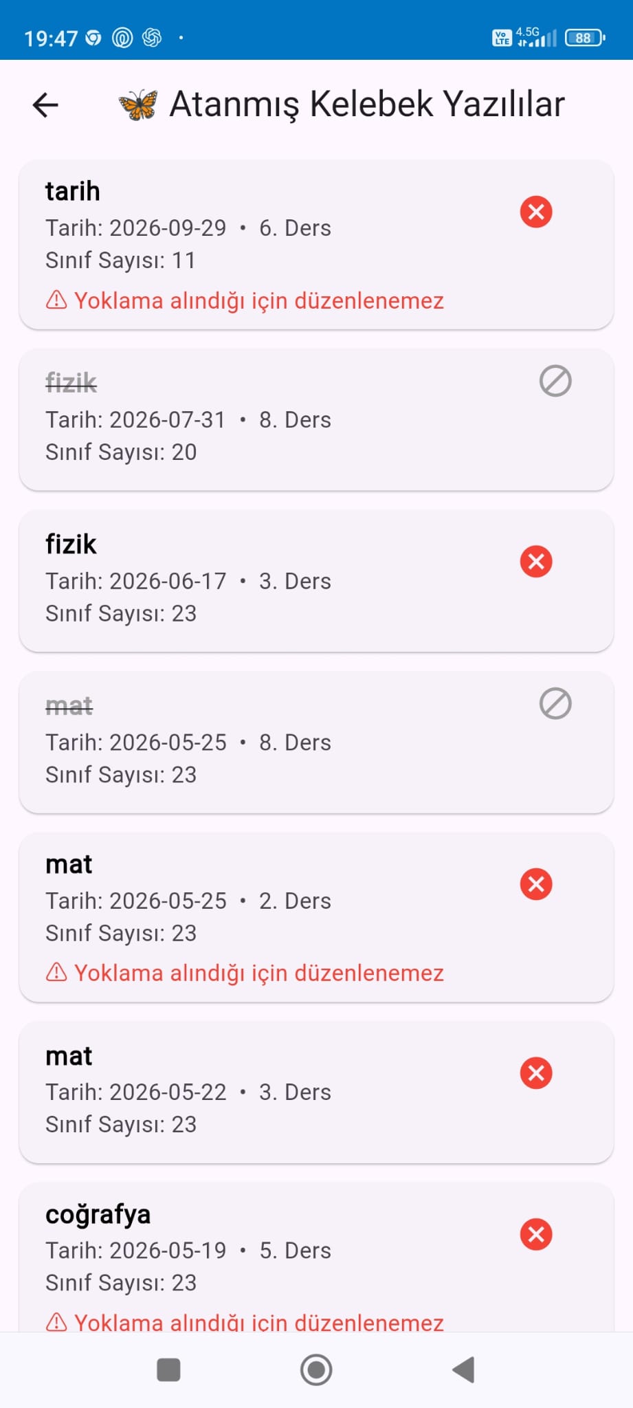 Tarih ve ders saatine göre atanmış ortak yazılıların listesi