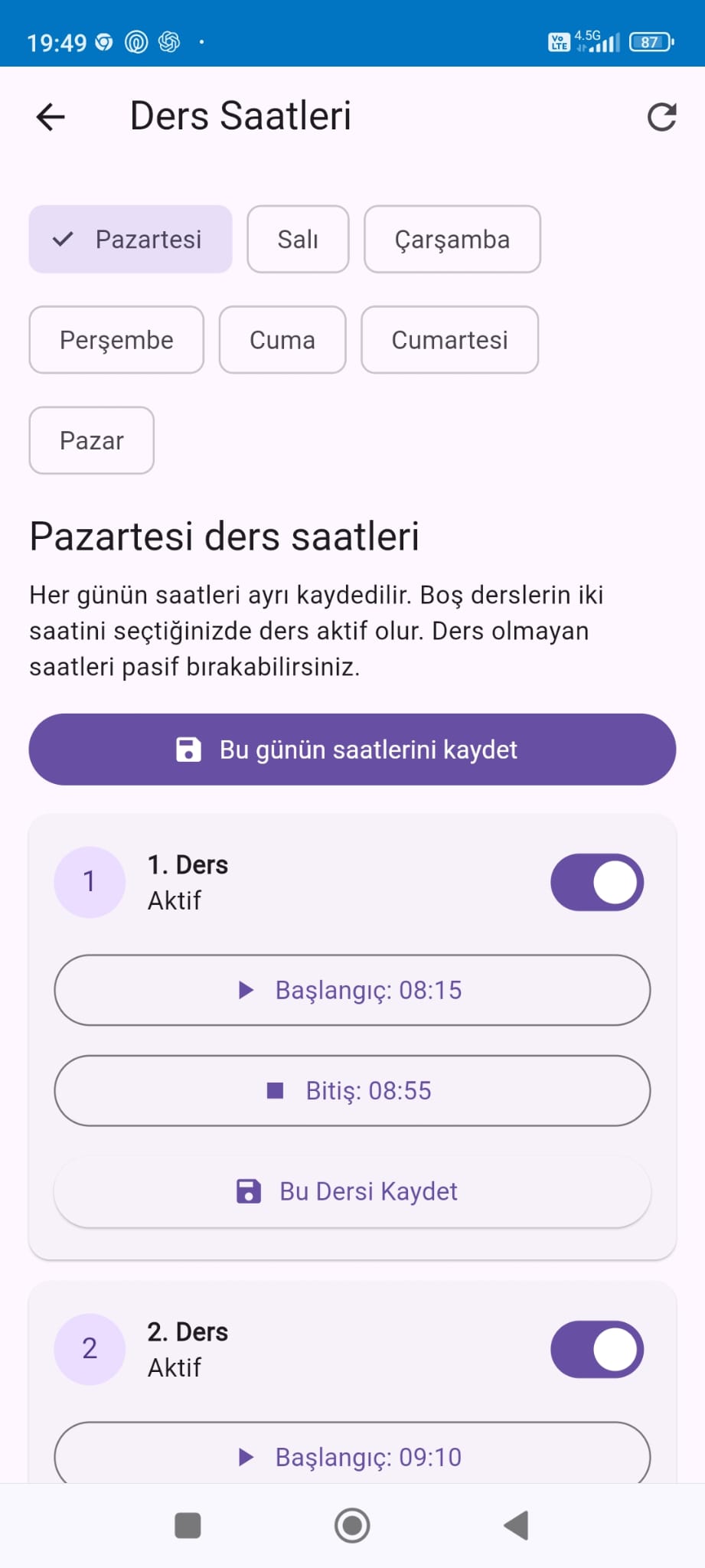 Günlere göre ders başlangıç ve bitiş saatlerini düzenleme ekranı