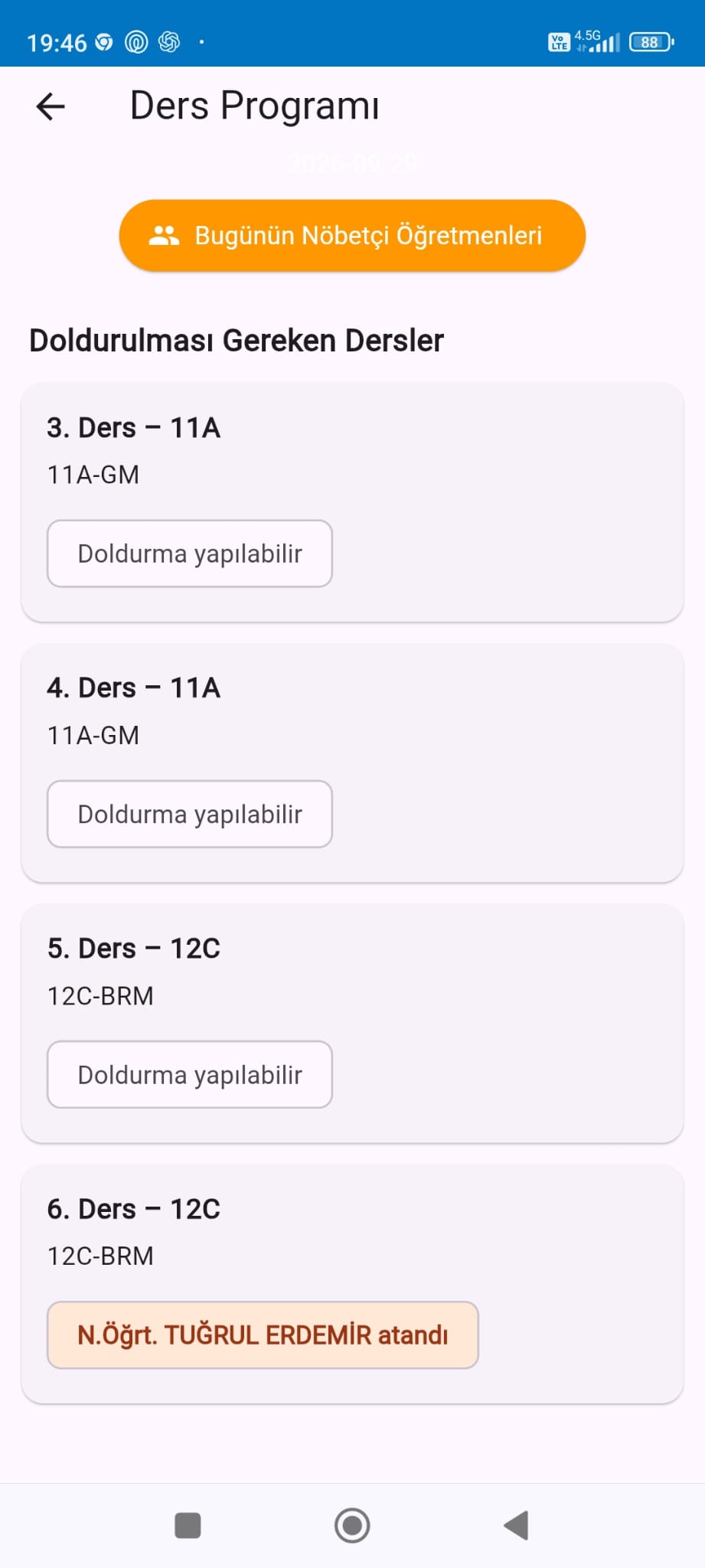 Doldurulacak derslerin programı