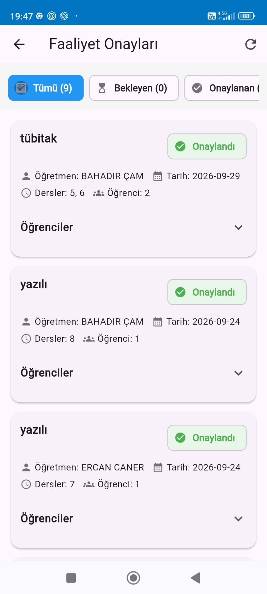 İdareci faaliyet başvurusu onay ekranı
