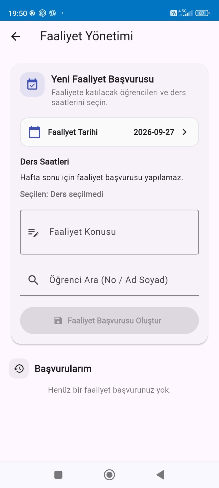 Öğretmen faaliyet başvurusu ekranı